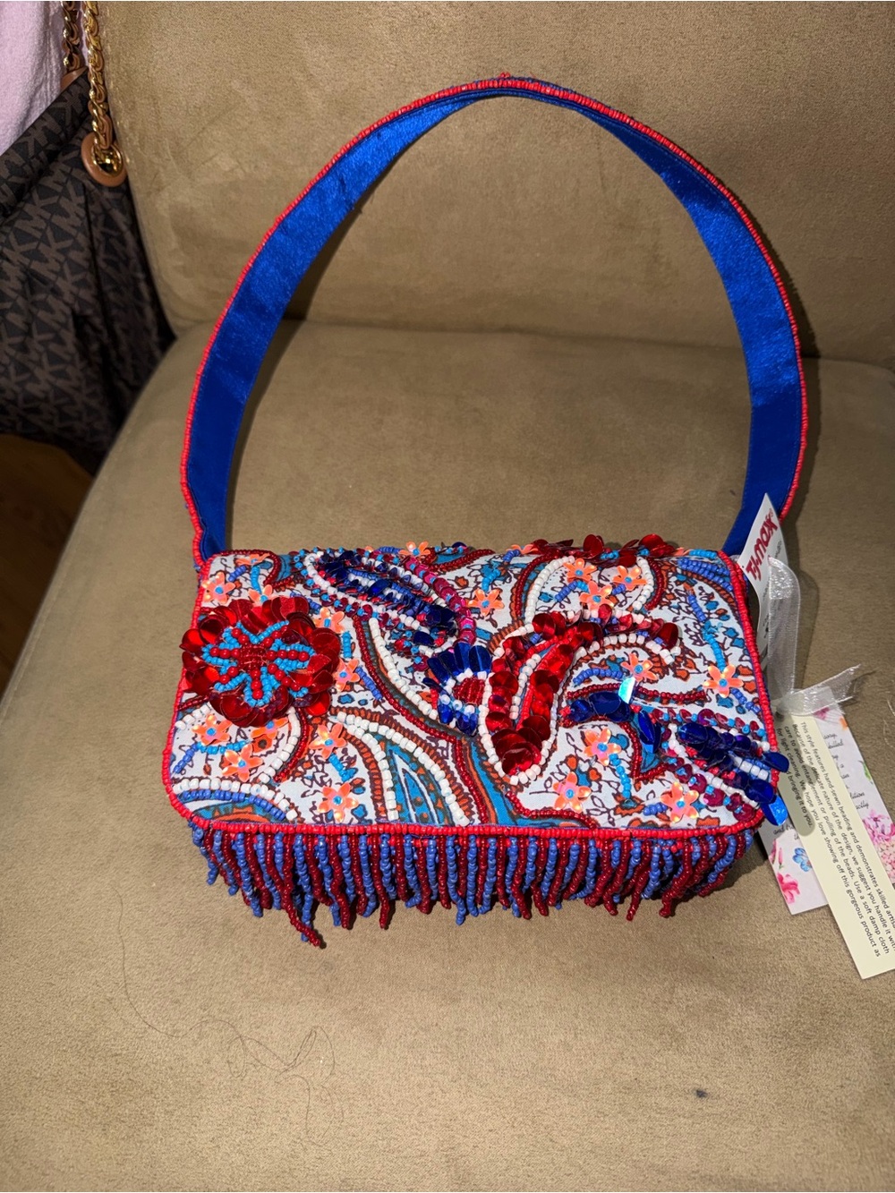 Beaded Paisley Fringe Shoulder Clutch - Blue & Red